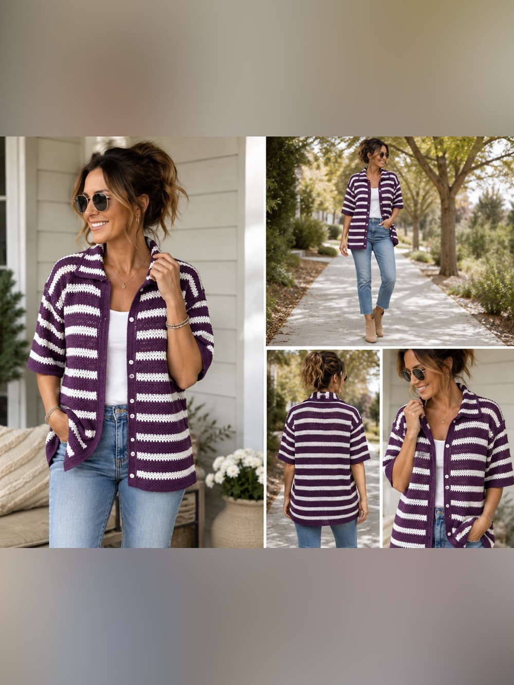 Abercrombie & Fitch Crochet Cardigan Purple Stripe Button Up M